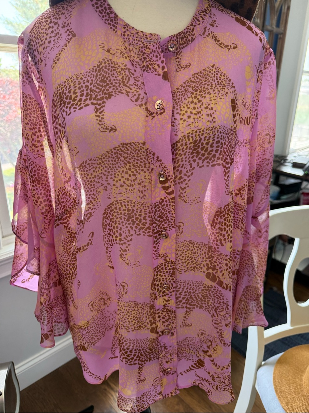 CAbi Pink Leopard Print Sheer Button-Up Blouse flowy sleeves size xl